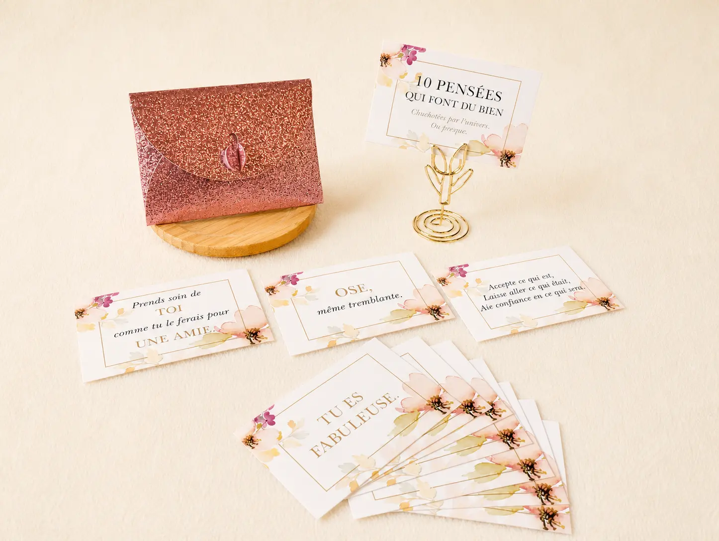 Cartes inspirantes "10 Pensées Qui Font Du Bien” avec Enveloppe Rose